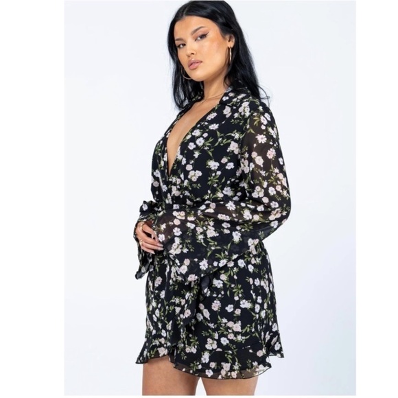 Princess Polly Marty Long Sleeve Mini Dress Black Floral - Picture 2 of 8
